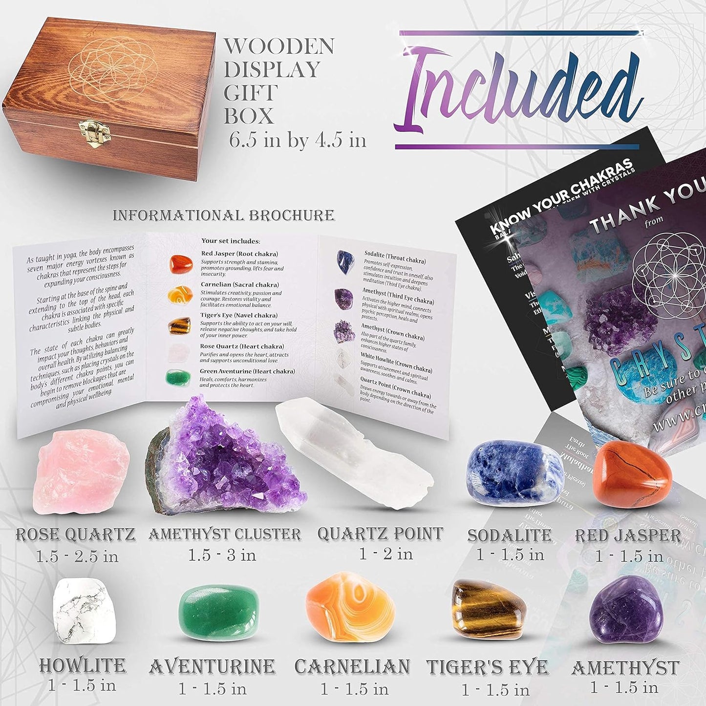 CRYSTALYA Abundance and Prosperity Healing Crystals, 100% Authentic, Wooden Gift Box + 50Pg EBOOK- Malachite, Pyrite, Citrine, Aventurine, Blue Calcite, Tree Agate, Tiger Eye + Info Guide, Made in USA