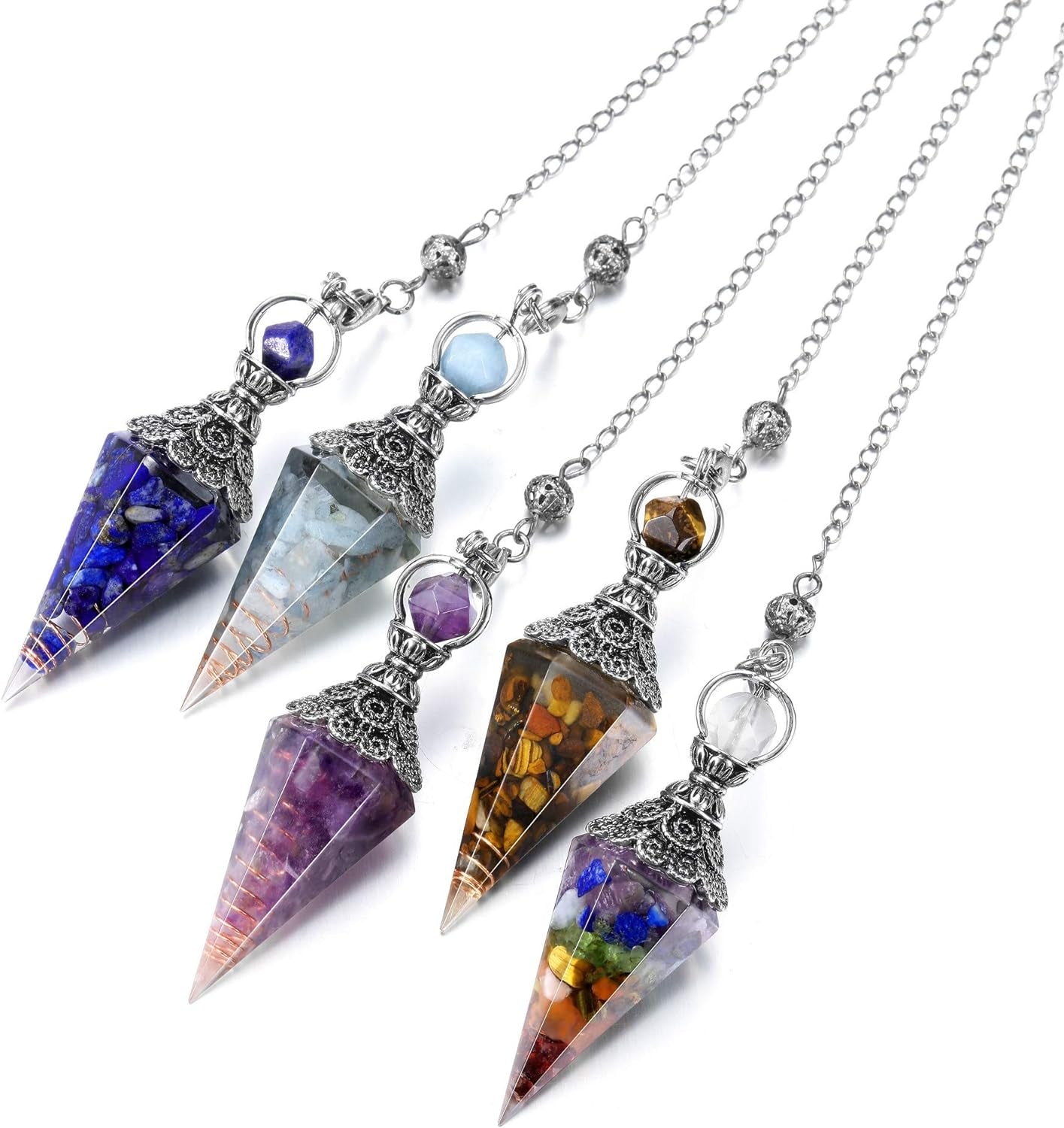 GEHECRST Natural Tiger Eye Healing Crystal Dowsing Pendulum Reiki Gemstone Chips Orgone Pendulum 6 Faceted Hexagonal Pointed Resin Spiritual Pendant for Divination, Wicca, Energy Balancing