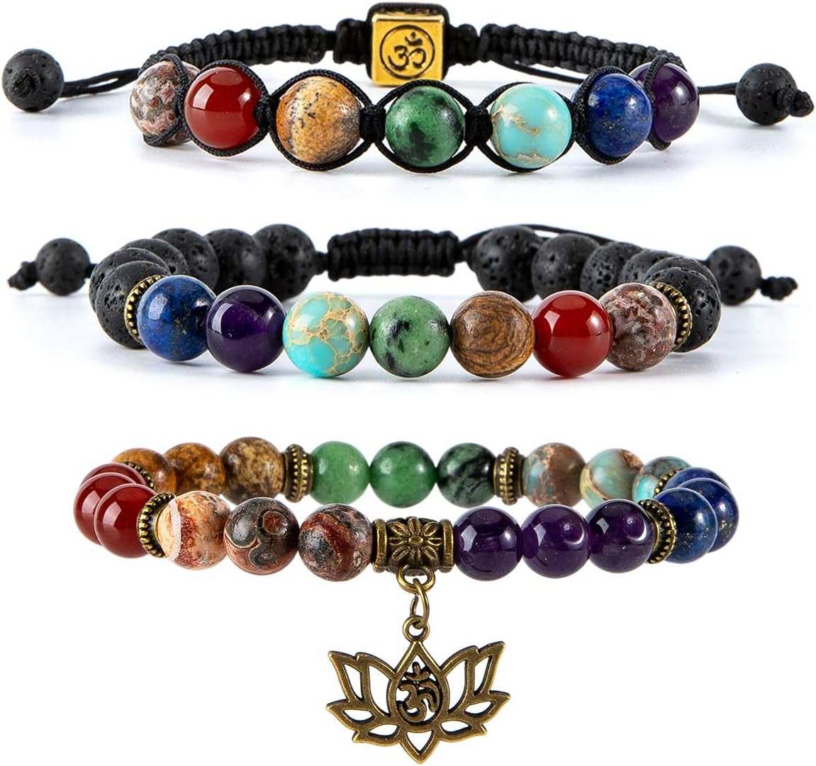 Bivei Chakra Bead Bracelets for Women - 8Mm 7 Chakra Bracelet with Real Stones Yoga Gemstone Jewelry 3 Pack