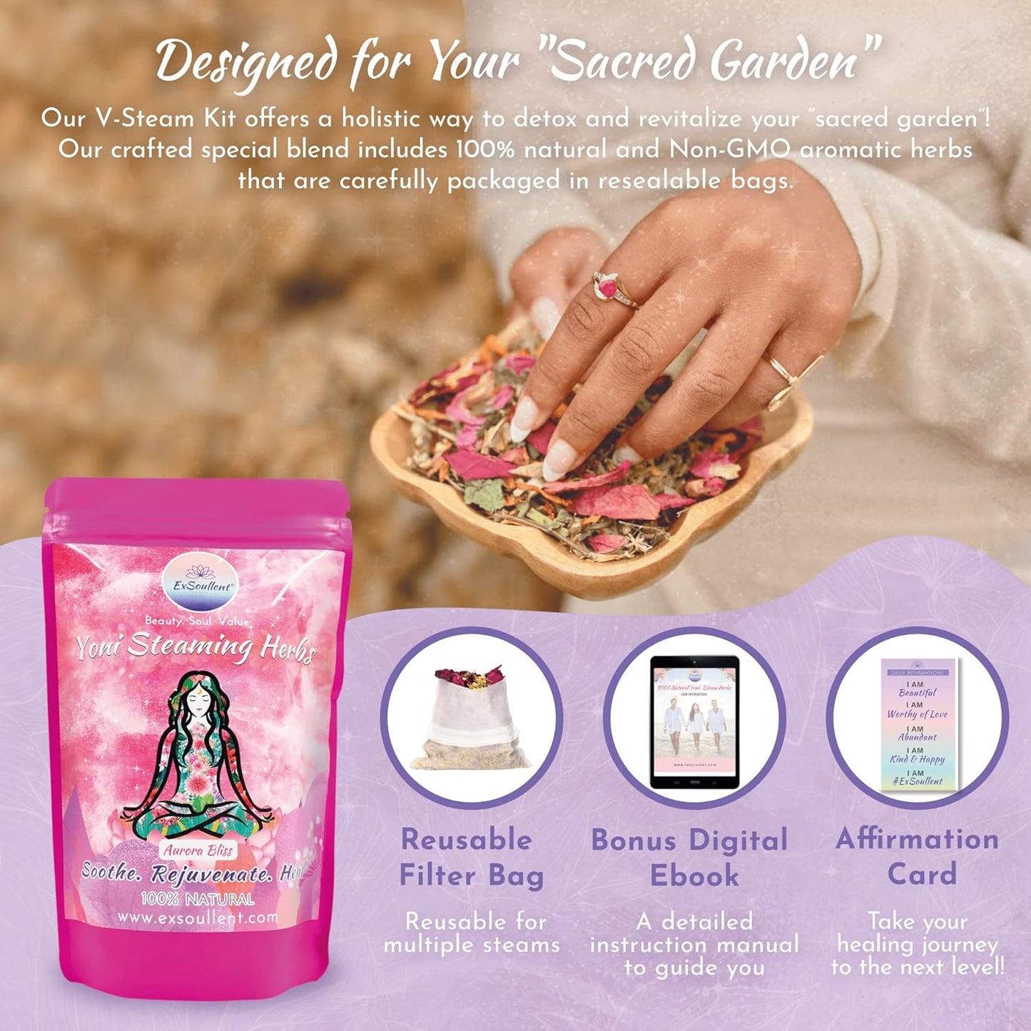 Yoni Steaming Herbs Kit, 100% Natural and Herbal Vaginal Steam for Feminine Self-Care at Home, Includes Reusable Filter Bag, Aurora Bliss Blend, 4 Ounces