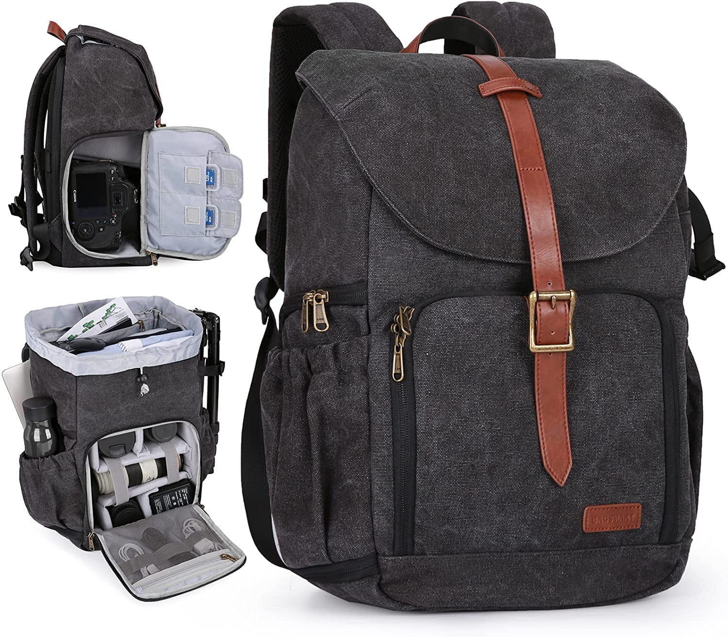 Camera Backpack, DSLR SLR Waterproof Camera Bag, Anti-Theft Photography Backpack with 15 Inch Laptop Compartment, Tripod Holder & Rain Cover, Black