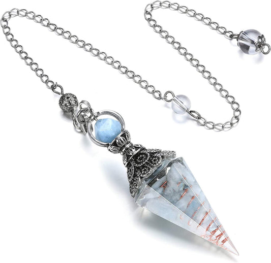 GEHECRST Natural Aquamarine Healing Crystal Dowsing Pendulum Reiki Gemstone Chips Orgone Pendulum 6 Faceted Hexagonal Pointed Resin Spiritual Pendant for Divination, Wicca, Energy Balancing