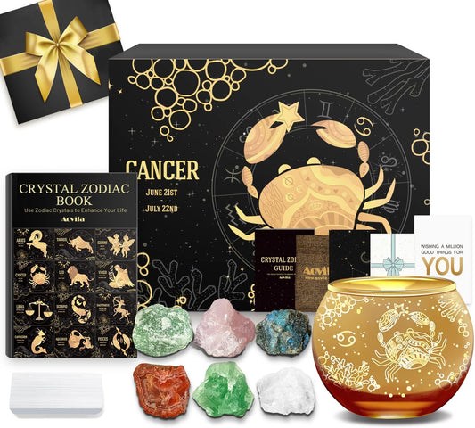 Aovila Cancer Gifts: Tea Light Holder Candle Holder Crystals Birthstones Gift Box Set Zodiac Astrology Gifts for Women, Mum, Best Friends