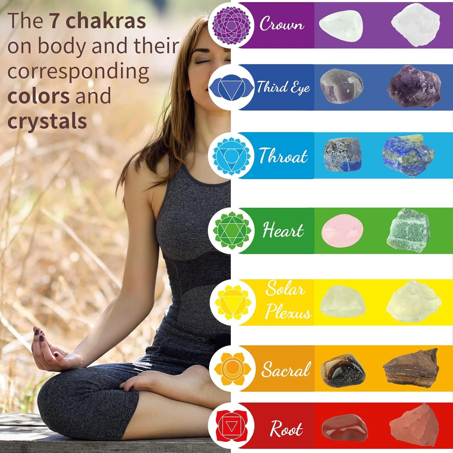 19Pcs Healing Crystals Stones Set Real Energy Crystals for Beginners, 7 Raw and 7 Tumbled Spiritual Chakra Stones, 1 Selenite Crystal, 1 Clear Crystal Column, 1 Lava Bracelet, 2 Agate Necklace