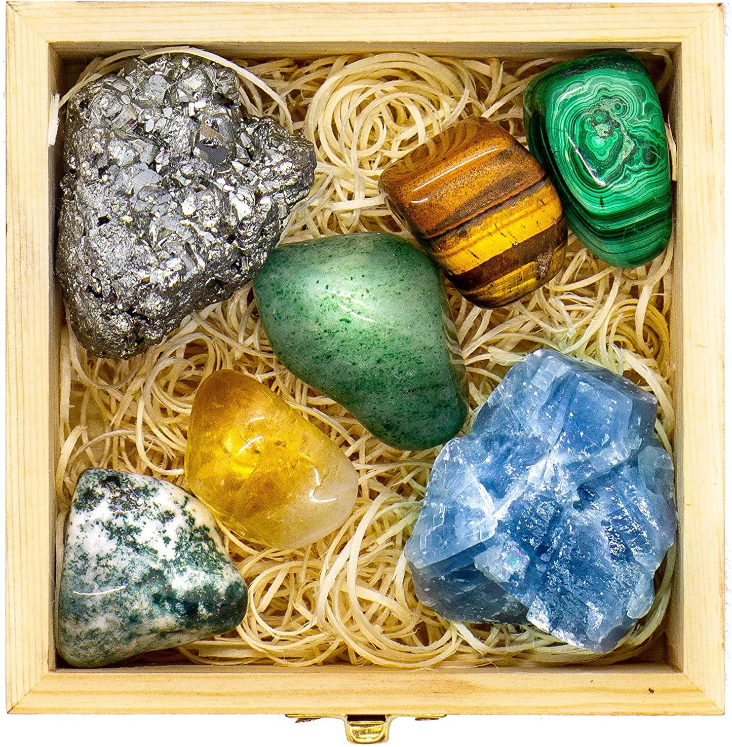 CRYSTALYA Abundance and Prosperity Healing Crystals, 100% Authentic, Wooden Gift Box + 50Pg EBOOK- Malachite, Pyrite, Citrine, Aventurine, Blue Calcite, Tree Agate, Tiger Eye + Info Guide, Made in USA