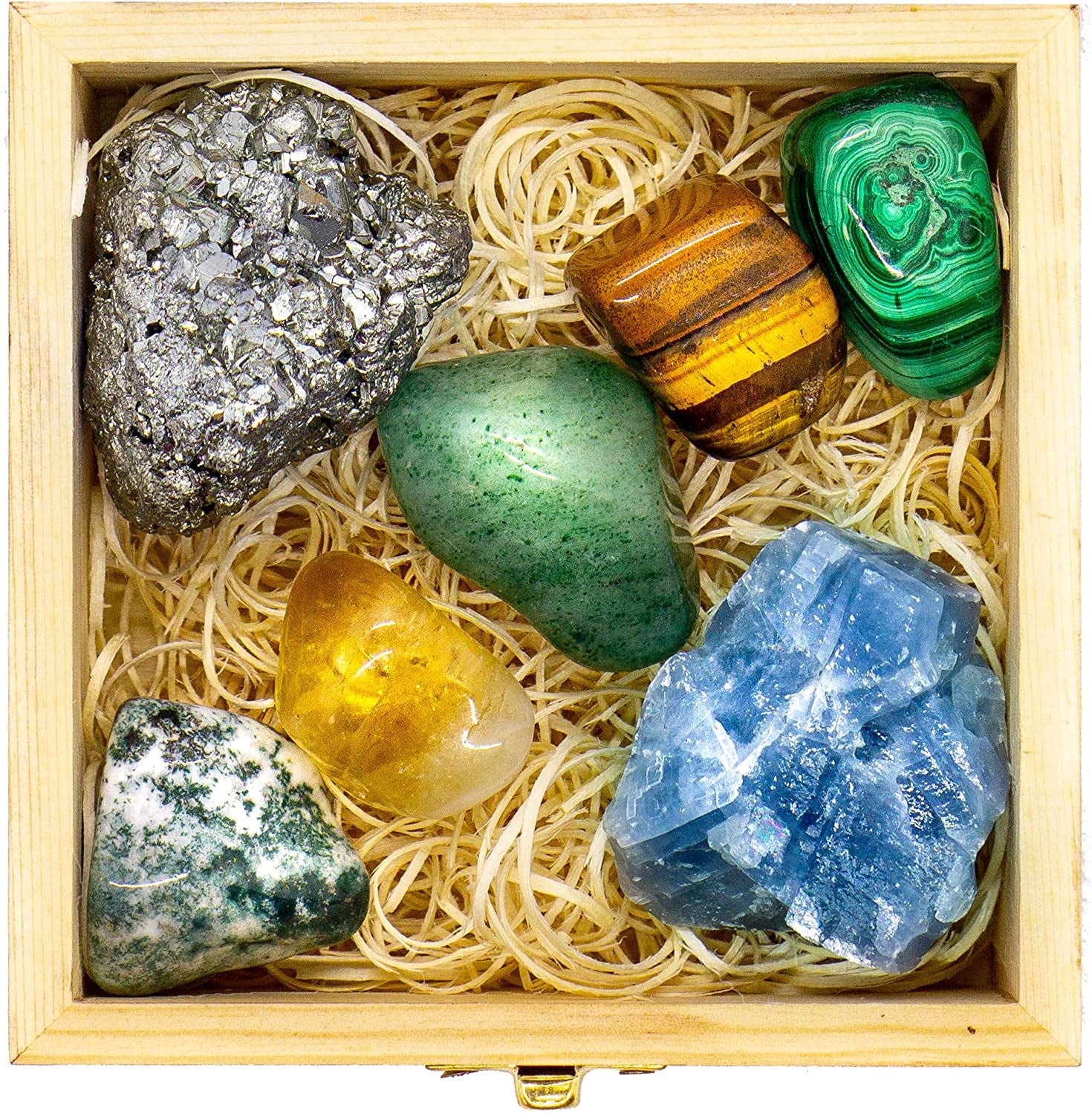 CRYSTALYA Abundance and Prosperity Healing Crystals, 100% Authentic, Wooden Gift Box + 50Pg EBOOK- Malachite, Pyrite, Citrine, Aventurine, Blue Calcite, Tree Agate, Tiger Eye + Info Guide, Made in USA