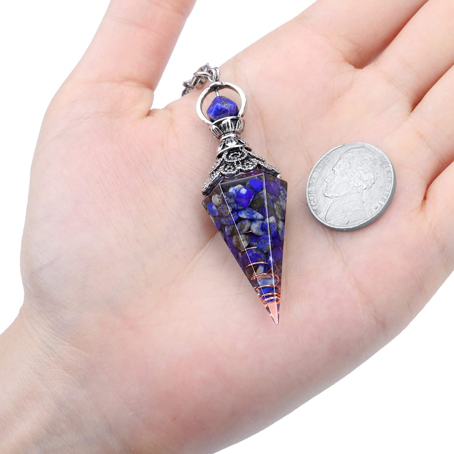 GEHECRST Natural Aquamarine Healing Crystal Dowsing Pendulum Reiki Gemstone Chips Orgone Pendulum 6 Faceted Hexagonal Pointed Resin Spiritual Pendant for Divination, Wicca, Energy Balancing