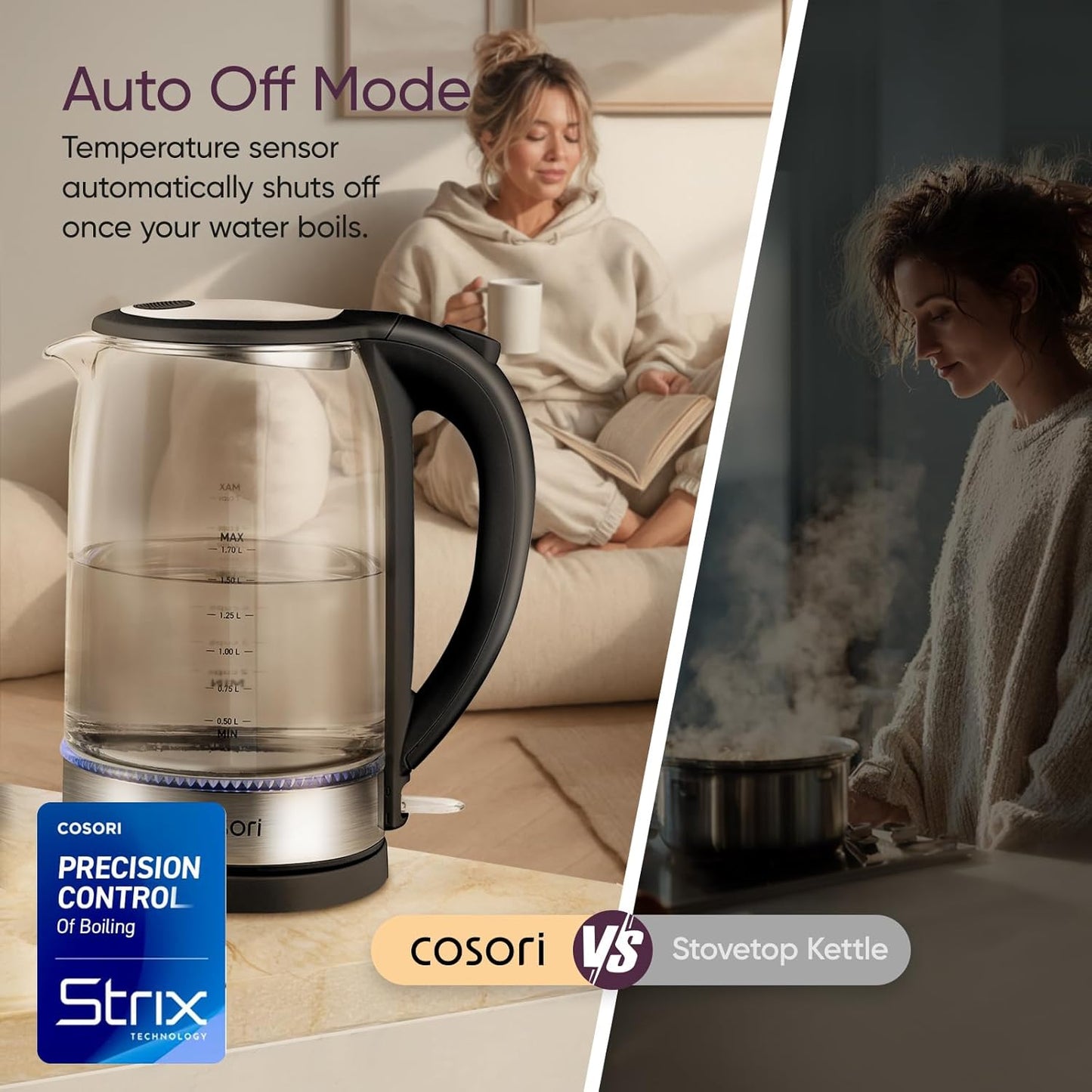 Electric Kettle, No Plastic Contact with Water, Wide Mouth for Easy Cleaning, Auto Shut Off, 1.7L Tea Kettle & Hot Water Boiler, Water Heater & Teapot, Borosilicate Glass, Black, 1500W