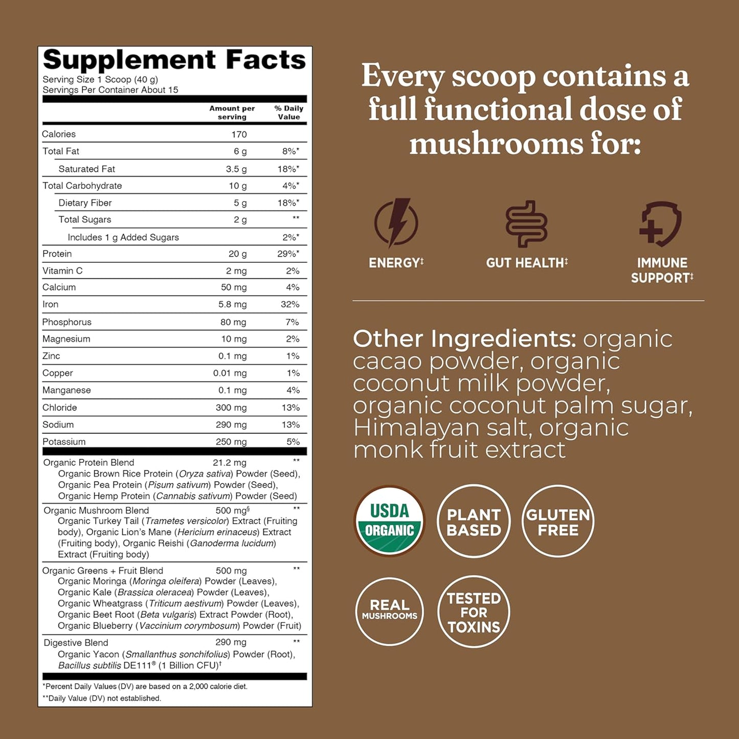 Organic Plant-Based Protein Powder | Clean Vegan Protein Elevated with Lion’S Mane, Chaga, Cordyceps and More for Brain Function and Immune Support | Creamy Cacao, 21.16 Oz