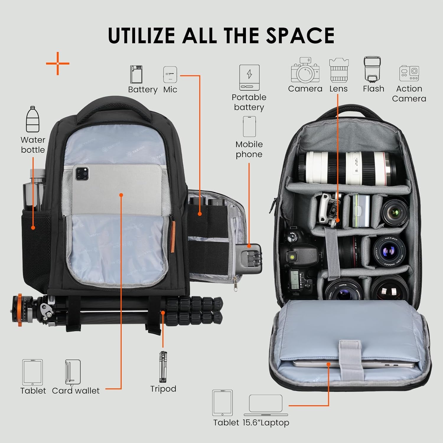 Camera Backpack for Photographers - Compact 15L Camera Bag with 15.6 Inch Laptop Compartment - Side Access Quick Draw - Anti-Theft Hidden Pocket Tripod Holder Rain Cover - TB04 Black