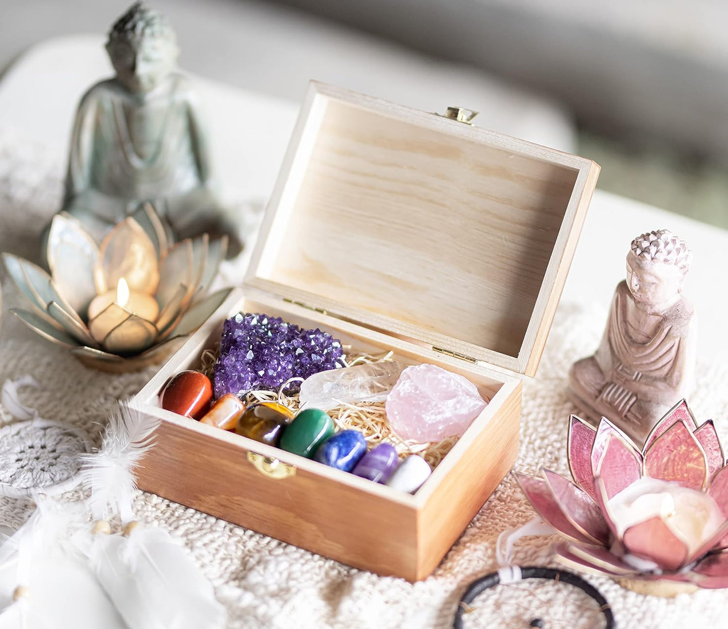 CRYSTALYA Abundance and Prosperity Healing Crystals, 100% Authentic, Wooden Gift Box + 50Pg EBOOK- Malachite, Pyrite, Citrine, Aventurine, Blue Calcite, Tree Agate, Tiger Eye + Info Guide, Made in USA