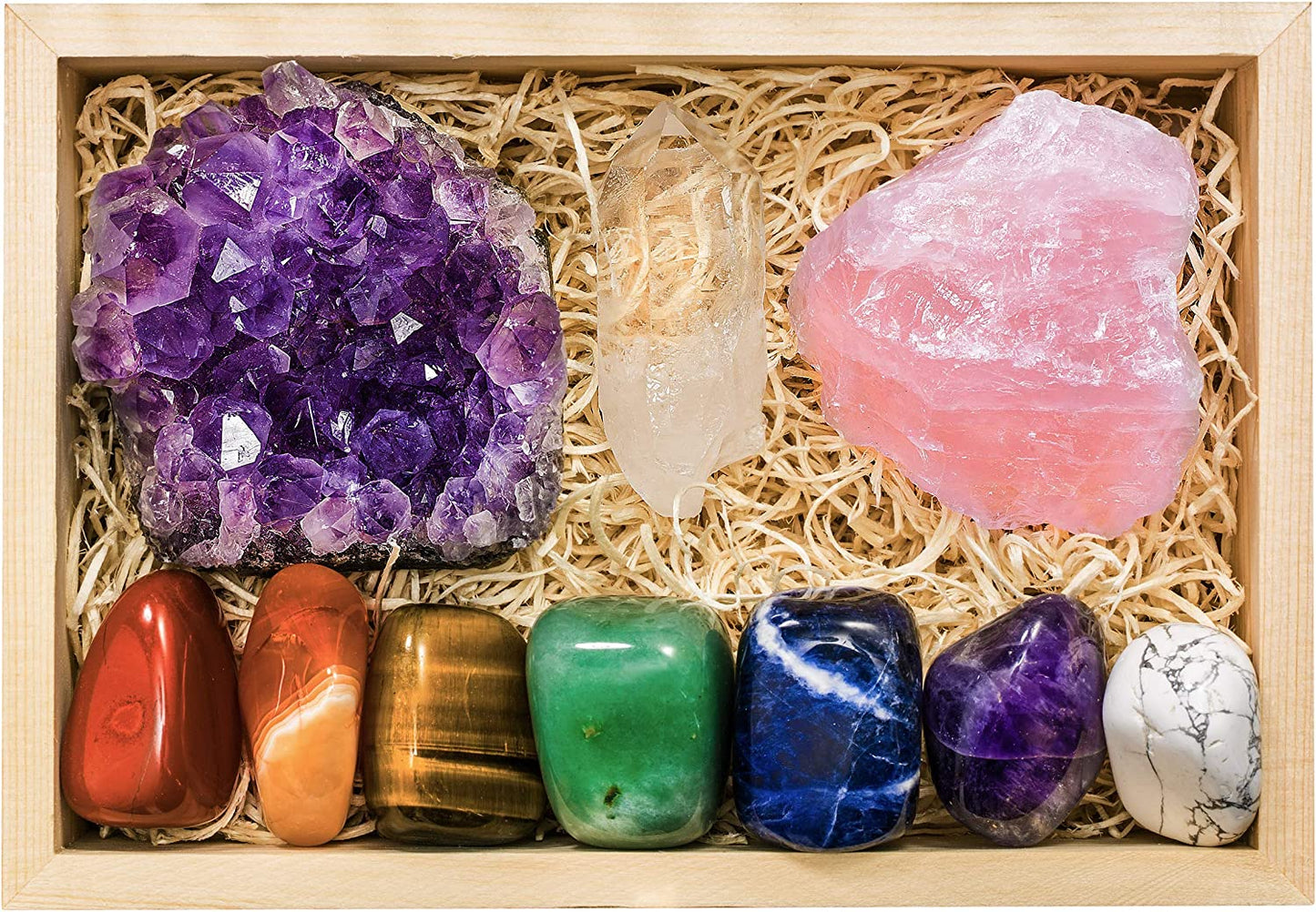 CRYSTALYA Abundance and Prosperity Healing Crystals, 100% Authentic, Wooden Gift Box + 50Pg EBOOK- Malachite, Pyrite, Citrine, Aventurine, Blue Calcite, Tree Agate, Tiger Eye + Info Guide, Made in USA