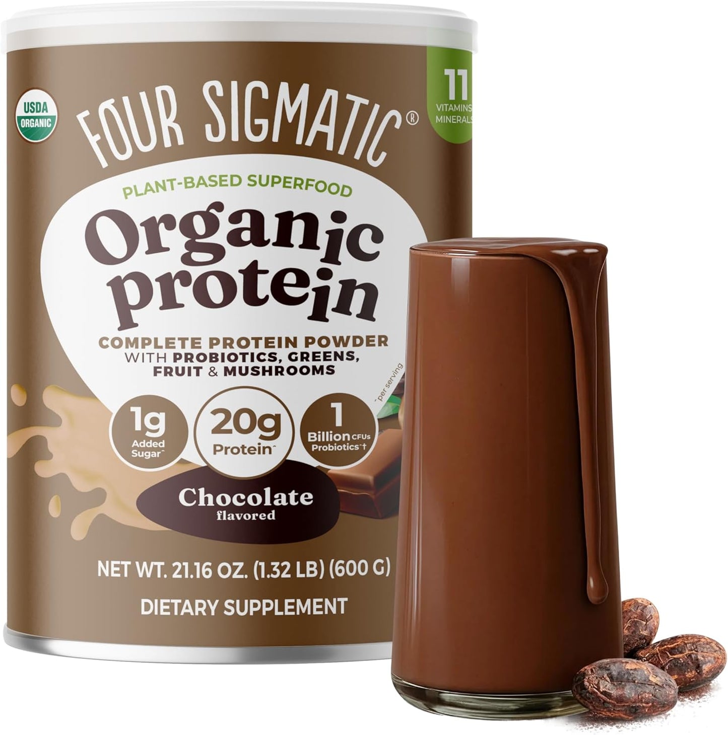 Organic Plant-Based Protein Powder | Clean Vegan Protein Elevated with Lion’S Mane, Chaga, Cordyceps and More for Brain Function and Immune Support | Creamy Cacao, 21.16 Oz