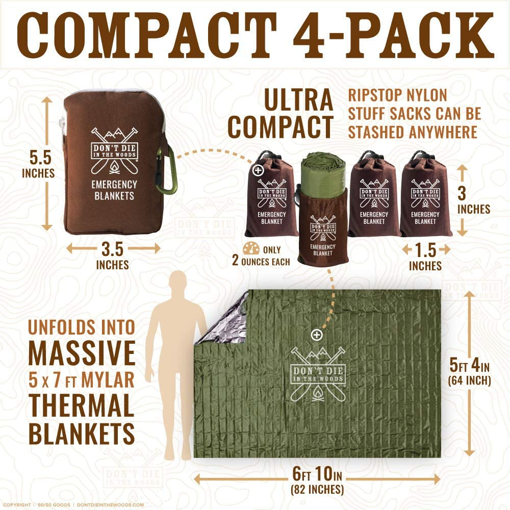 - Freakin’ Huge Emergency Blankets [4-Pack] Extra Large Thermal Mylar Space Blanket - One of the Ten Essentials Outdoor Survival Gear for Hiking Camping First Aid Kit (Green)