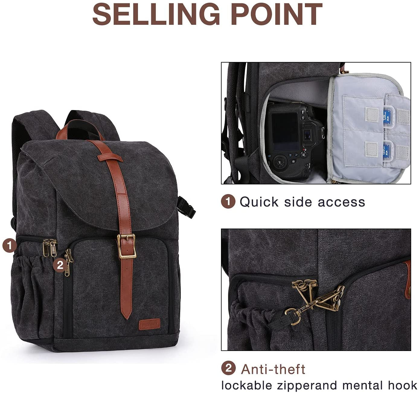 Camera Backpack, DSLR SLR Waterproof Camera Bag, Anti-Theft Photography Backpack with 15 Inch Laptop Compartment, Tripod Holder & Rain Cover, Black