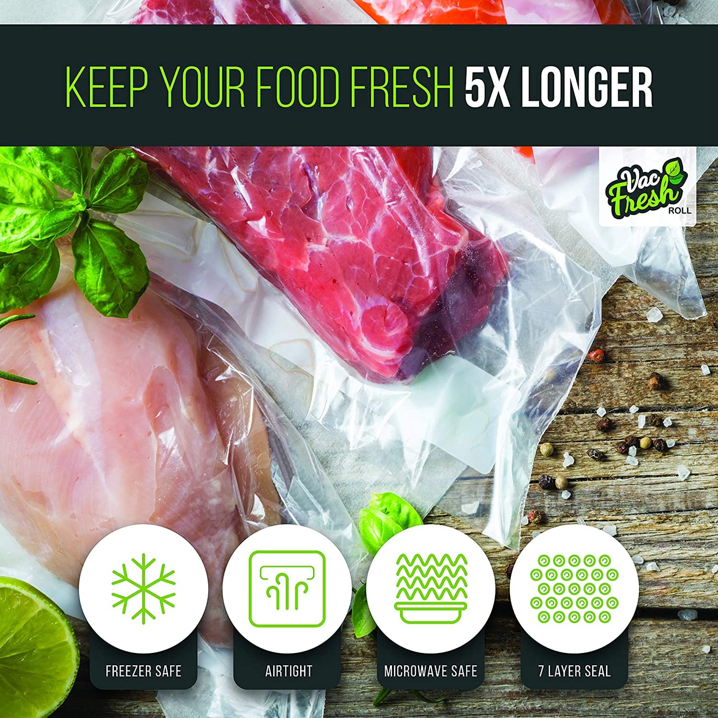 Vac Fresh Food Vacuum Sealer Rolls (8" X 50', 2 Rolls), 3.5Mil Embossed Food Storage Bags, Vacuum Seal Bags for Meal Prep, Sous Vide Bags for Cooking (100 Feet)