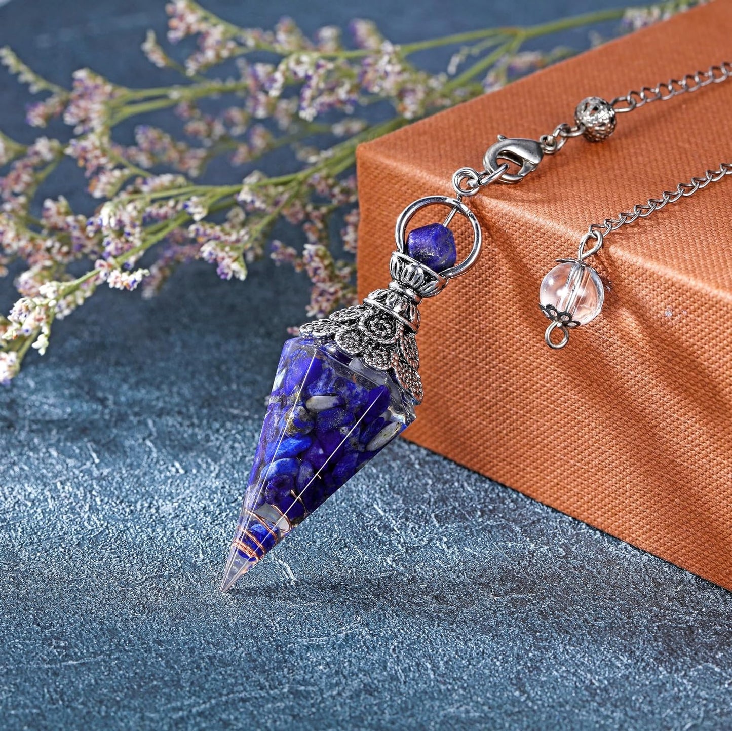 GEHECRST Natural Aquamarine Healing Crystal Dowsing Pendulum Reiki Gemstone Chips Orgone Pendulum 6 Faceted Hexagonal Pointed Resin Spiritual Pendant for Divination, Wicca, Energy Balancing