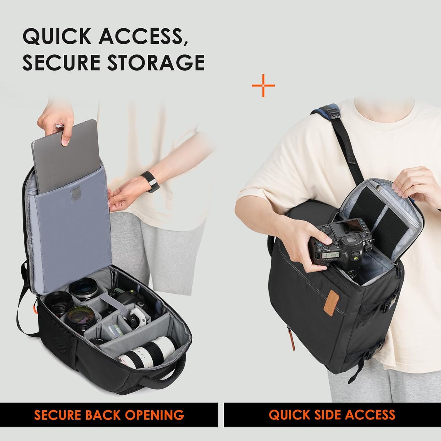 Camera Backpack for Photographers - Compact 15L Camera Bag with 15.6 Inch Laptop Compartment - Side Access Quick Draw - Anti-Theft Hidden Pocket Tripod Holder Rain Cover - TB04 Black